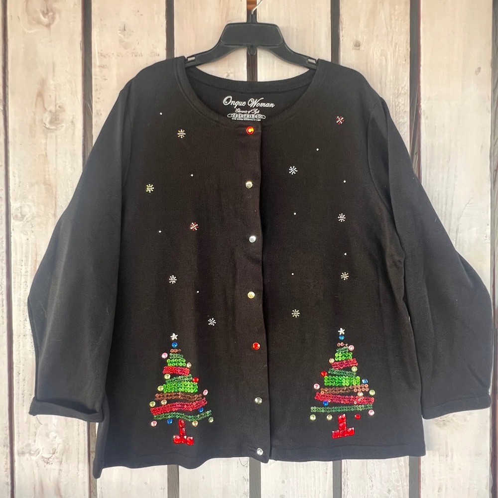 Onque Woman Cardigan Womens 2X Black Good Sequin Christmas Tree Holiday Sweater